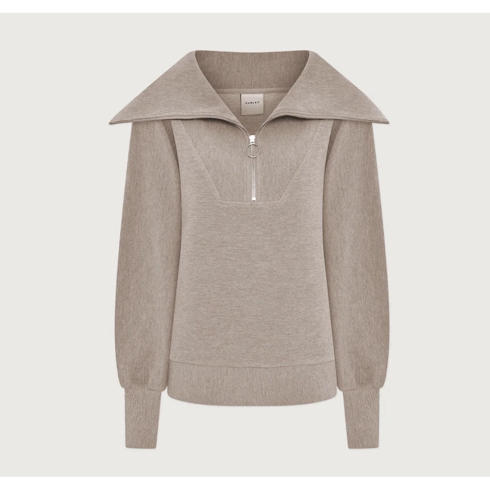 Varley Vine Half-Zip Taupe Rib Pullover Sweatshirt Womens Oversized Collar Large